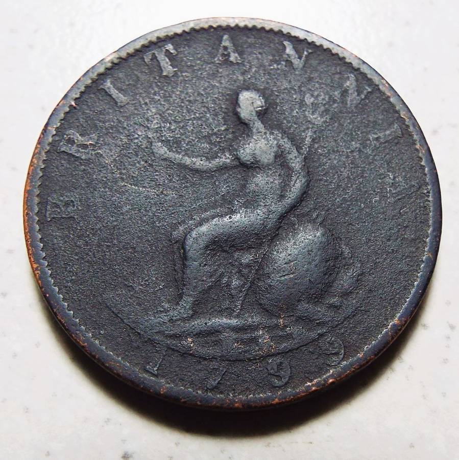 Rare Antique English King George lll OLD COLONIAL COINS Half penny 1799 Coin . Bust/ Britannia Royal