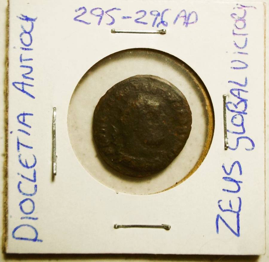 RARE ancient roman diocletia antioc 295-296AD  ZEUS GLOBAL VICTORY coin