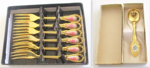 A SET OF BOXED CAKE FORKS AND A SUGAR SPOON--IN ORIGINAL PACKAGING. NEVER USED