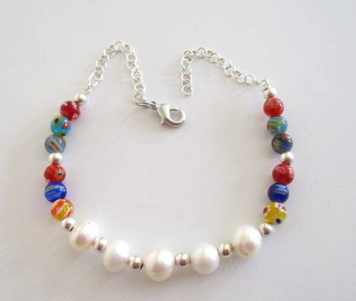 A MILLEFIORI AND FRESH WATER PEARL BRACELET SET WITH STERLING SILVER BALL BEADS AND CLASP--NEW