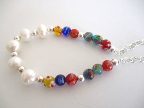 A MILLEFIORI AND FRESH WATER PEARL BRACELET SET WITH STERLING SILVER BALL BEADS AND CLASP--NEW