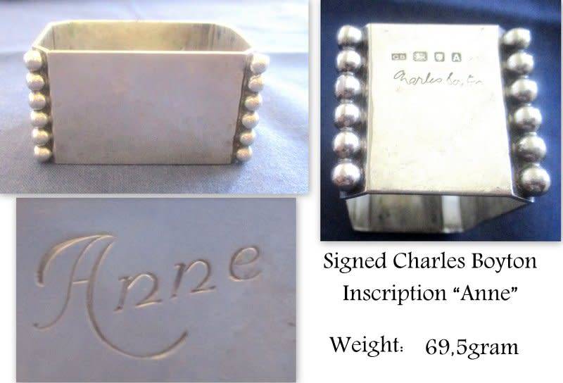 4 HALLMARKED SILVER SERVIETTE RINGS. ONE IS SIGNED--NO IRREGULARITIES--Total weight 158,5 gram