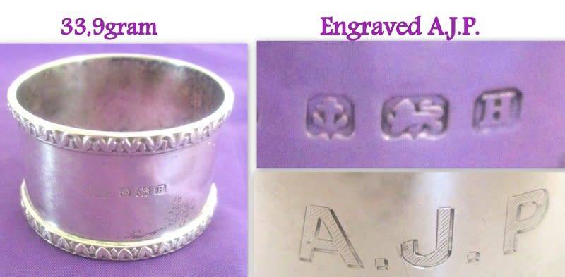 4 HALLMARKED SILVER SERVIETTE RINGS. ONE IS SIGNED--NO IRREGULARITIES--Total weight 158,5 gram