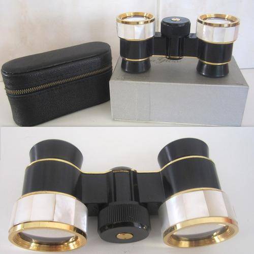 A STUNNING PAIR OF OPERA GLASSES IN ORIGINAL CASE AND BOXED--Mother-of-pearl inlays