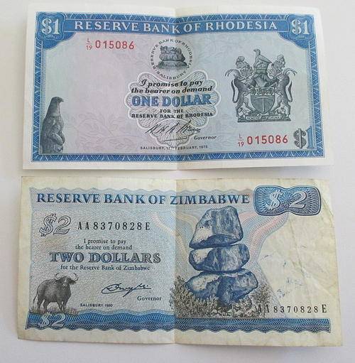 A 1970 RHODESIAN BANK NOTE AND A 1980 ZIMBABWE BANK NOTE