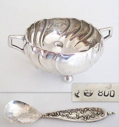 A GERMAN HALLMARKED SILVER SUGAR BOWL AND AN ANTIQUE LONG RAT TAIL DESIGN SUGAR SPOON