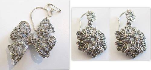 A LOVELY MARCASITE BOW BROOCH AND MARCASITE EARRINGS