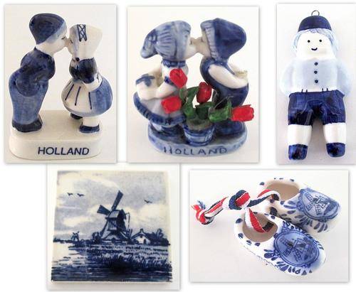 5 SMALL BLUE AND WHITE (SOME DELFT) ORNAMENTS