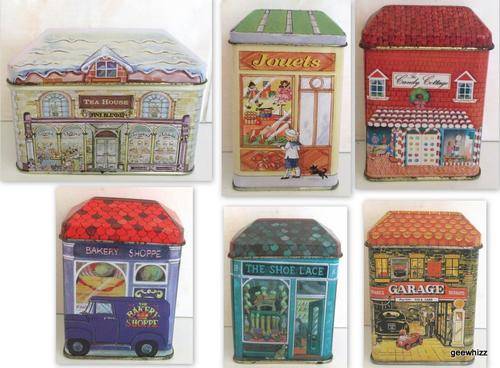 6 OLDE WORLD REPRODUCTION TINS IN THE FORM OF HOUSES / SHOPS