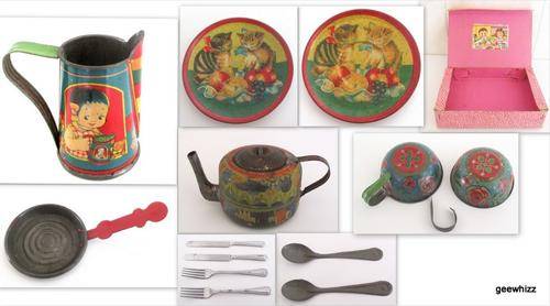 A LOT OF VINTAGE TIN CHILDRENS KITCHENWARE--THIS IS 80 YEARS OLD