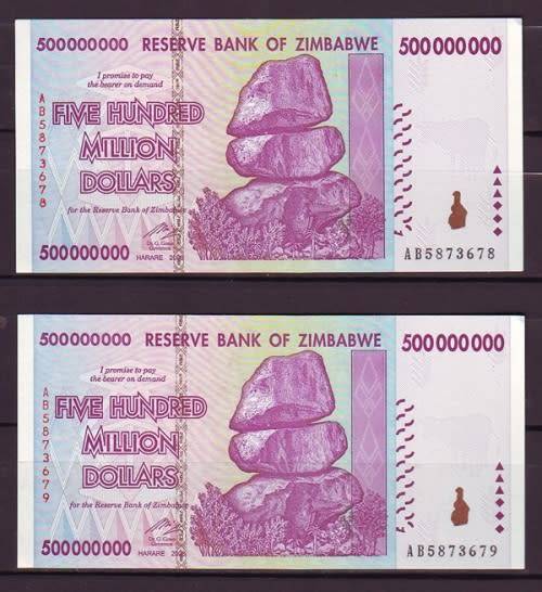 Zimbabwe 500 Million Dollar Notes - 2 Notes in Sequence