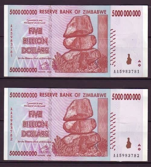 Zimbabwe 5 Billion Dollar Notes - 2 Notes in Sequence