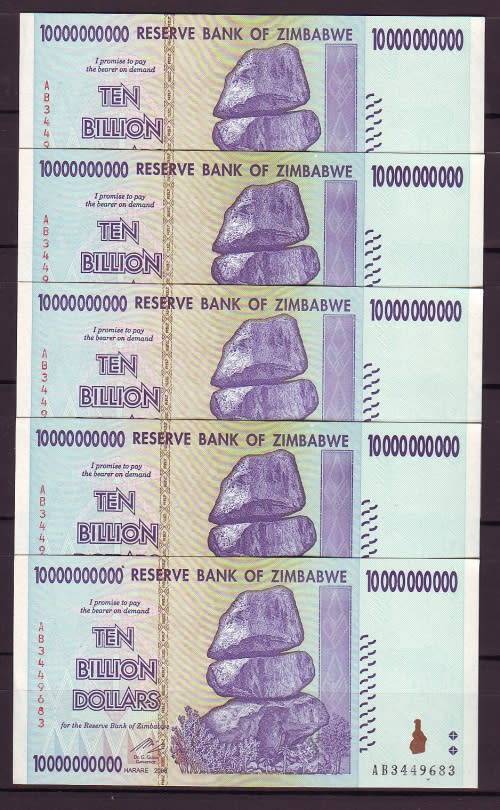 Zimbabwe 10 Billion Dollar Notes - 5 Notes in Sequence