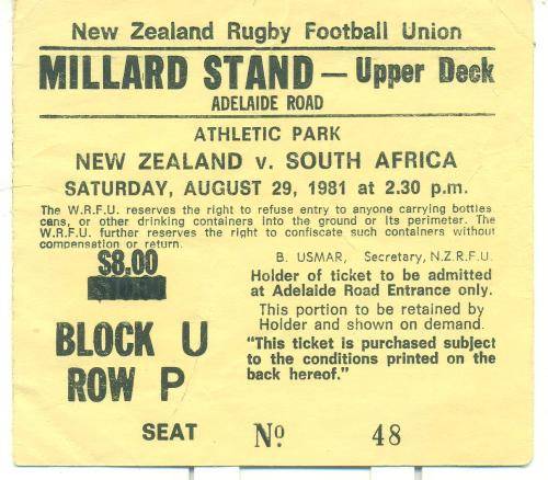 Match ticket NZ vs Springboks 29-8-1981 2nd test