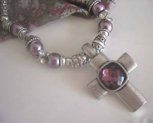GORGEOUS ANTIQUE SILVER AND PURPLE CROSS PENDANT NECKLACE!!