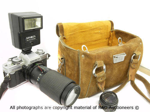 Collectors DONT MISS THIS! Minolta XG-M Camera COMPLETE with Vintage Camera Bag, Extra Lens, Flash !