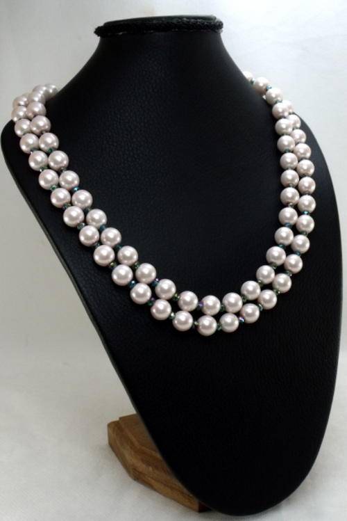 Double Strand 10mm Oyster Colour Pearl & Emerald Green Crystal Necklace by Cooper & Lombard Jewelrlr