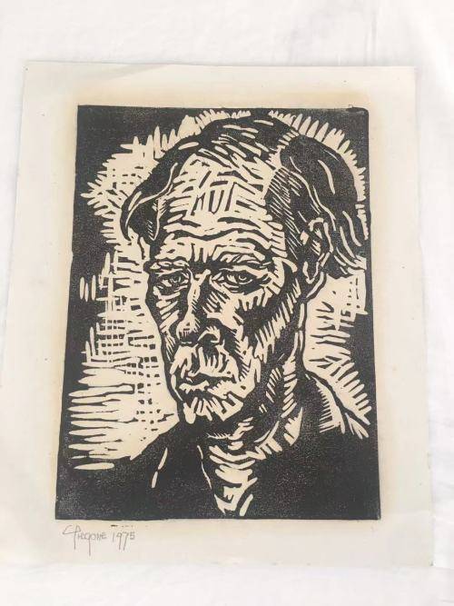 GREGOIRE BOONZAIER, SELF PORTRAIT LINOCUT