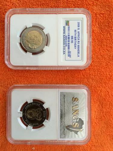 2 X NELSON MANDELA 90TH BIRTHDAY R5 HIGH GRADE MS65 COINS - BID PER COIN.