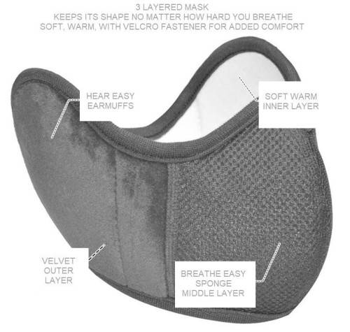 Professional Quality Protective Velvet Cloth 3 Layer Winter Face Masks - Brown - Velcro Fastening