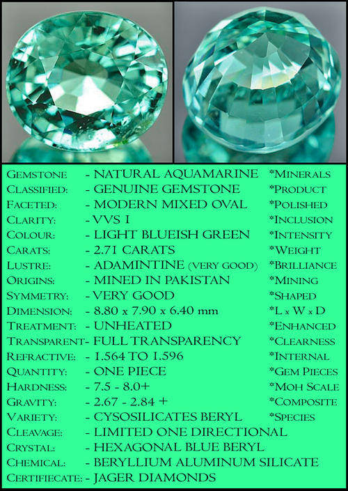 100% UNTREATED OVAL GEMSTONE. 2.71 CT STUNNING COLOUR SEA FOAM BLUISH GREEN NATURAL AQUAMARINE.