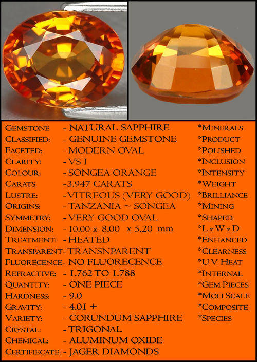 3.95 CT AMAZING AFRICAN SUNSET IN THIS NATURAL ORANGE SONGEA SAPPHIRE, A CLEAN OVAL GEMSTONE.