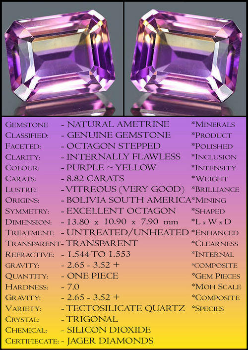8.82 CT INTERNALLY FLAWLESS BOLIVIAN AMETRINE GEMSTONE POLISHED IN A STEPPED OCTAGON.