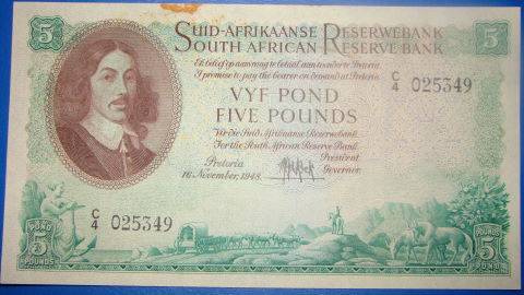 WOW- 5 pound note from MH de Kock- unc-pick 95, but with some dirt spots-WOW-LOW START!!