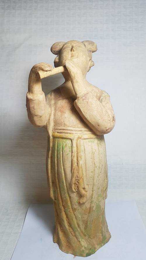 Lady playing a flute - vintage terracotta statue!!!