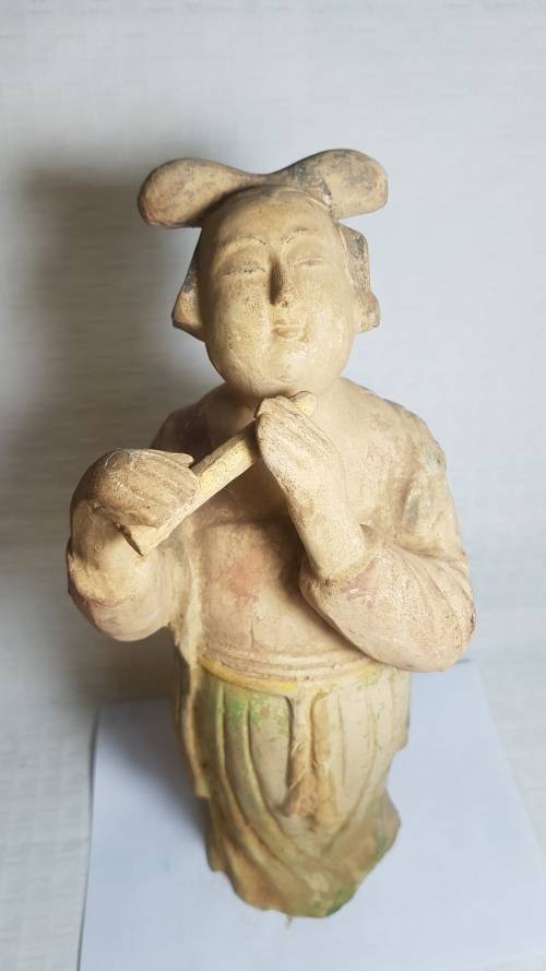 Lady playing a flute - vintage terracotta statue!!!