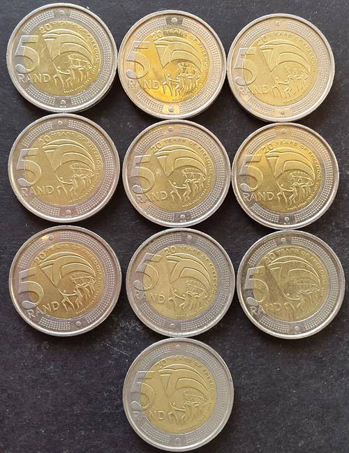 10 x 2014 - 20 Years of Freedom R5.00 coins - Bid per coin to take the lot!
