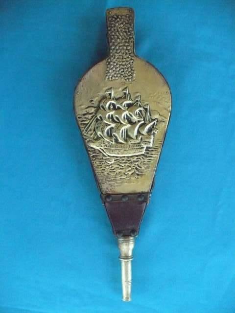 VINTAGE BRASS WOOD &  VINYL FIRE BELLOW