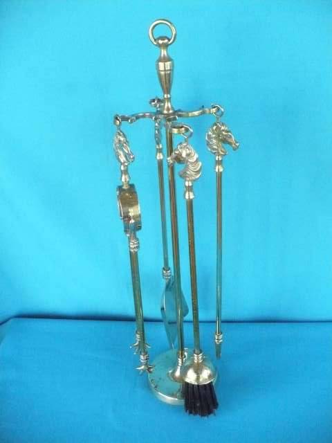 LOVELY VINTAGE SET OF BRASS FIRE IRONS ON STAND