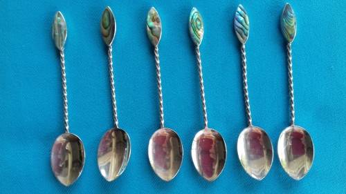 6  STERLING SILVER COFFEE SPOONS PAUA SHELL DETAIL