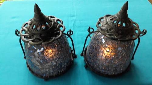 PAIR BLUE MOSAIC GLASS TEA CANDLE LAMPS