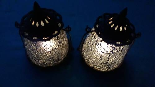 PAIR BLUE MOSAIC GLASS TEA CANDLE LAMPS
