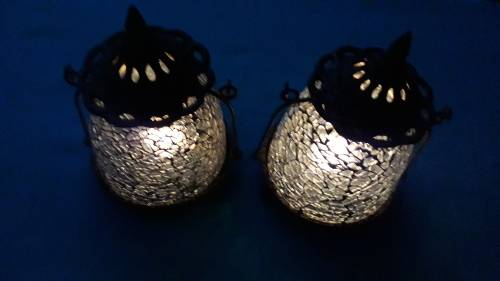 PAIR BLUE MOSAIC GLASS TEA CANDLE LAMPS
