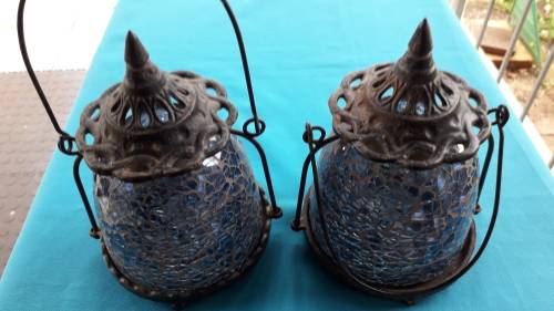 PAIR BLUE MOSAIC GLASS TEA CANDLE LAMPS