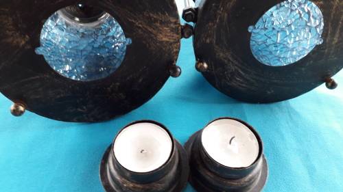 PAIR BLUE MOSAIC GLASS TEA CANDLE LAMPS