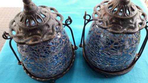 PAIR BLUE MOSAIC GLASS TEA CANDLE LAMPS