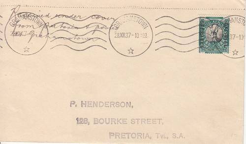Union Postal Item Single 1/2d OFFICIAL Springbuck Stamp Grahamstown Post Mark Dated 28.XII.37