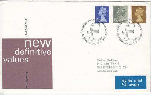GB FDC 15 AUG 1979, 11 1/2p, 13p & 15p QEII Stamps.