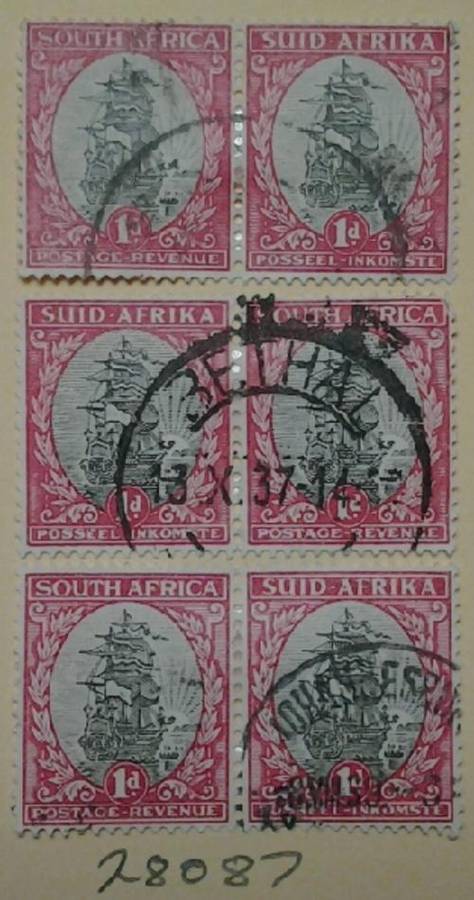 Union Three Pairs of 1d Ship Stamps.