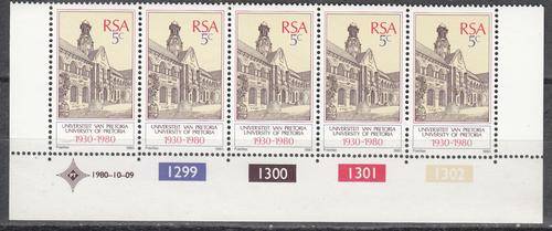 RSA Control Strip of Five Stamps University of Pretoria (Face V R 0.25)