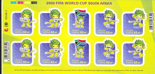 RSA Mini Sheet of Ten R2.40 2010 FIFA World Cup South Africa Stamps. As Image.