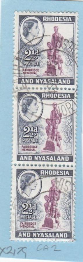 Rhodesia & Nyasaland 1959 Definitive Issue Strip of Three 2 1/2d Stamps. As Image. (Vertical Strip)