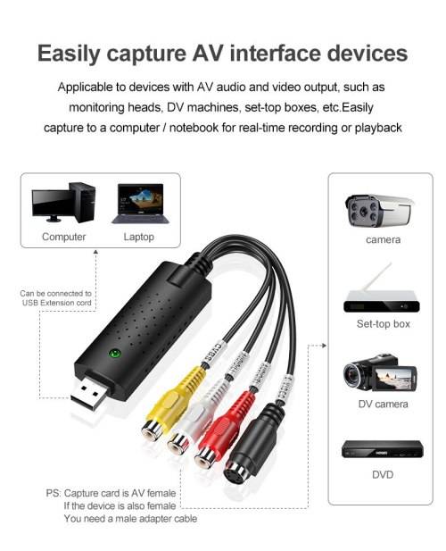 USB Video Capture Card TV Audio DVD DVR VHS to Digital File Converter AV Video Recording