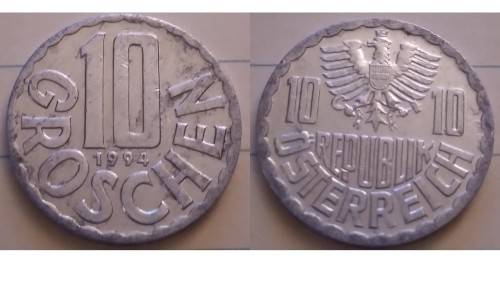 1994 - Austria - 10 Groschen - Austrian Coat of Arms - Demonetised Feb 2002 -Aluminium