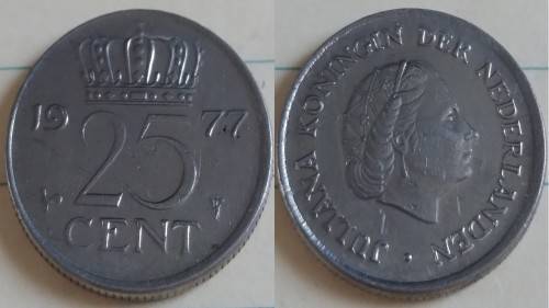 1977 - Nederland - 25 Cent - Queen Juliana - Demonetised Feb 2002 -Nickel