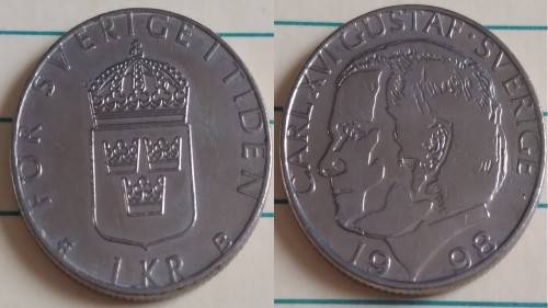 1998 - Sweden - 1 Krona - CARL XVI GUSTAF - Demonetised Jun 2017 -Copper-Nickel